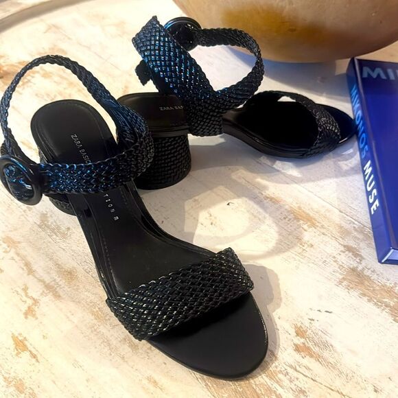 LIKE NEW Zara Black Wide Round Block Heeled Woven Sandals from 2019-Size 7.5/38 - Picture 4 of 15